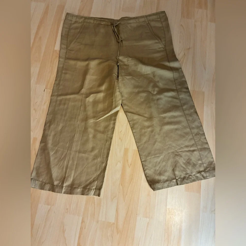 pure DKNY Silk Linen Blend Wide Leg Cropped Drawstring Pants - Khaki Tan Size L